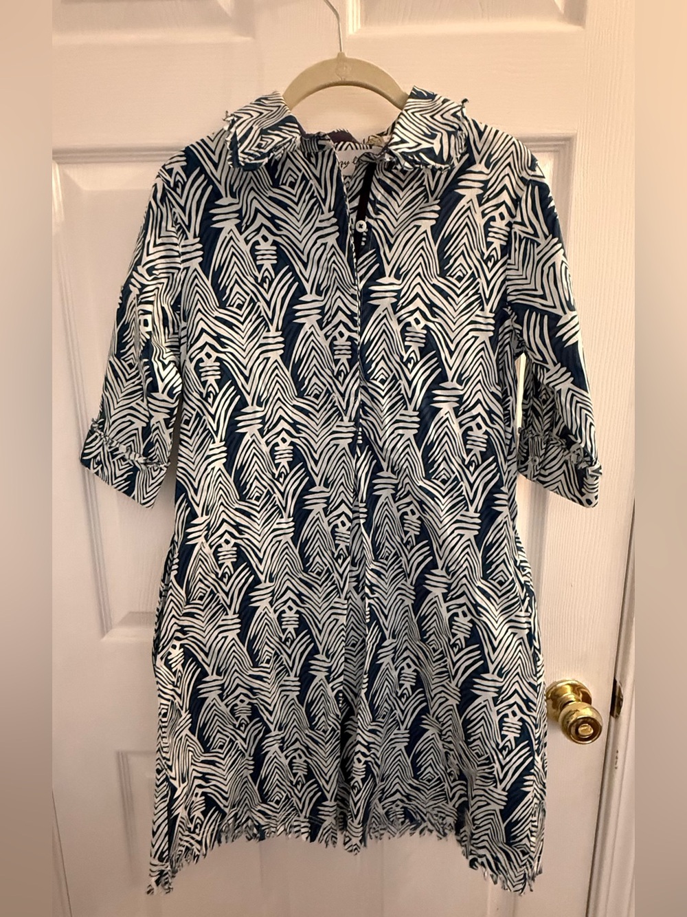 Navy and White 3/4 Sleeve Printed Shirt Dress